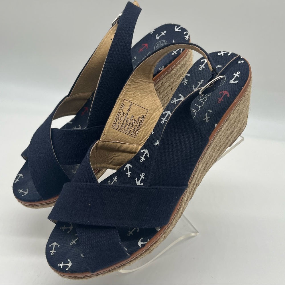 Nautical Navy Wedge Sandals with Anchor Design Sz 8